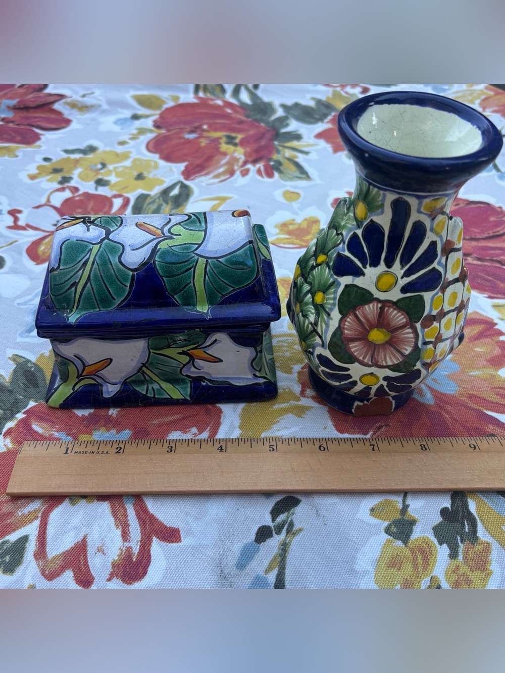 Hand-Painted Floral Ceramic Trinket Box and Vase - Blue Mexico